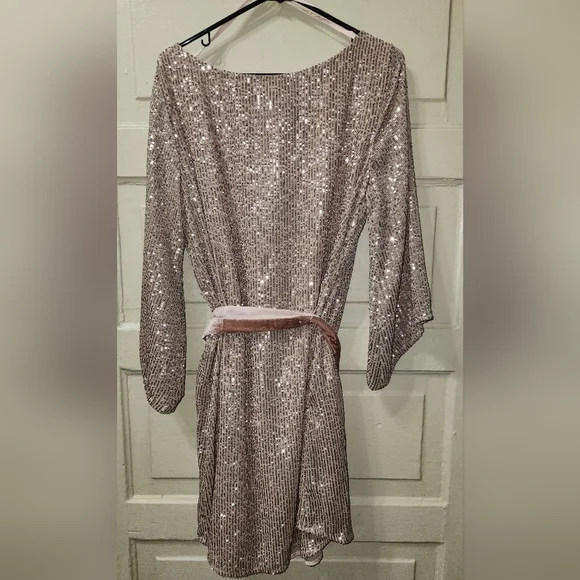 Anthropologie STARLING Sequined Tunic Rose Gold Dress W/ Velvet Sash/Belt